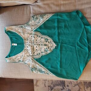 Turquoise silky tank w pretty crochet style front